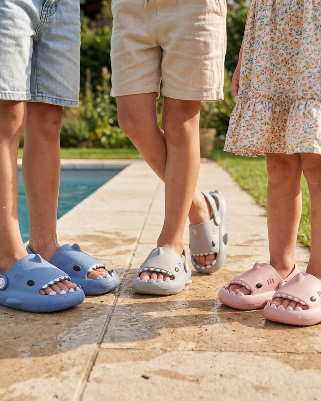 Fluffy Feet® Kids Sharkslides mit Riemen